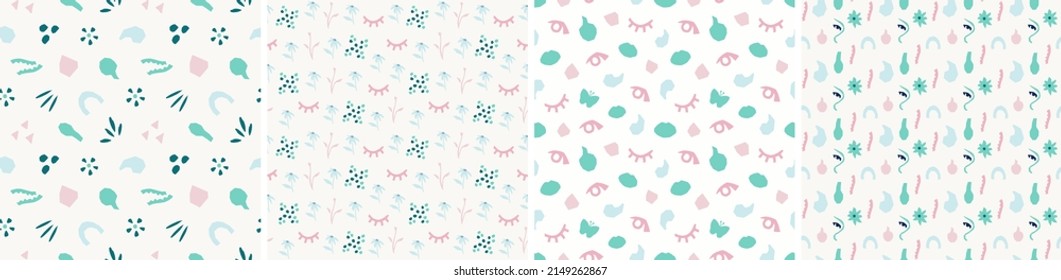Set of floral vector seamless patterns. Bright abstract background. Modern colorful illustration for printing, decor, textile, branding design