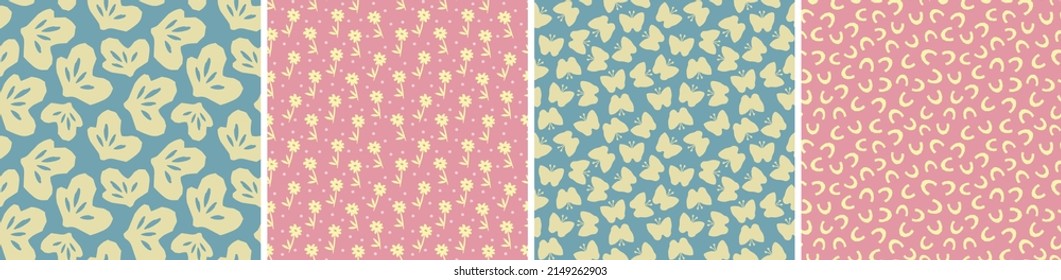 Set of floral vector seamless patterns. Bright abstract background. Modern colorful illustration for printing, decor, textile, branding design