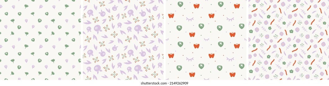 Set of floral vector seamless patterns. Bright abstract background. Modern colorful illustration for printing, decor, textile, branding design