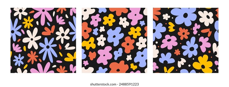 Set of floral vector seamless patterns in retro groovy style. Abstract backgrounds with flowers