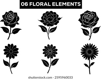 Set of floral vector silhouettes, isolated on white background, vector illustration