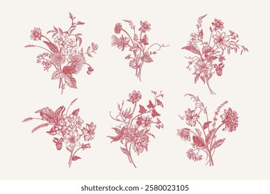 Set with floral vernical compositions in engraving style. Autumn bouquets with zinnias, chrysanthemums, dahlias, asters, berries and cereals. Vector botanical illustration. Red