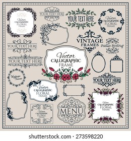Set of floral vintage calligraphic frames and design elements. Vector illustration