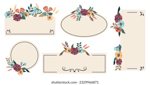 Set of floral vintage frames. Hand draw Templates of frame border with Autumn flowers, blooming wildflowers wreath. Vector flat illustration for invitation, announcements, cards, advertising, sale