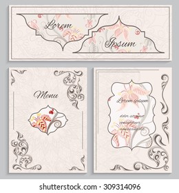 Set floral vintage ornament menu, cards and invitations, menu with a pattern in the Victorian style. Can be used to print design for restaurants. Vector illustration