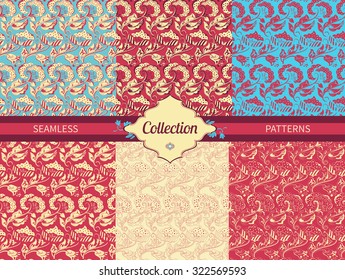 Set floral vintage seamless pattern for design of packaging, paper, textiles, scrapbooking and decoupage. Vector illustration