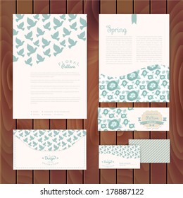 Set of floral vintage wedding cards on wood texture, invitations. Wedding invitation. Invitation, envelope, card, banner. Marriage event. Valentine, seamless pattern is masked and complete.