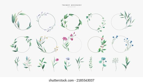 Set of floral watercolor branch and minimalist flowers in wreath borders and frame. Hand drawn line wedding herb, elegant leaves for invitation save the date card. Botanical rustic trendy greenery vec