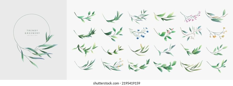 Set of floral watercolor branch and minimalist flowers in wreath borders and frame. Hand drawn line wedding herb, elegant leaves for invitation save the date card. Botanical rustic trendy greenery vec
