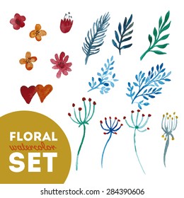 Set floral watercolor. It contains fifteen plant cells. Background white.