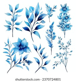 Set of floral watercolor. Flower blue rose, blue leaves. Floral poster, invitation floral. Vector arrangements for greeting card or invitation design