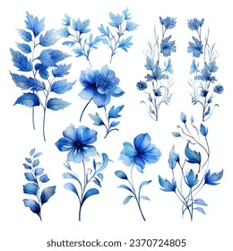 Set of floral watercolor. Flower blue rose, blue leaves. Floral poster, invitation floral. Vector arrangements for greeting card or invitation design