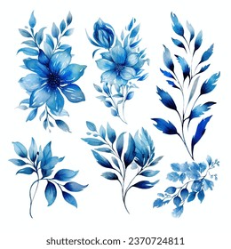 Conjunto de acuarela floral. Rosa azul flor, hojas azules. Afiche floral, invitación floral. Disposiciones de vectores para el diseño de tarjetas de felicitación o invitaciones