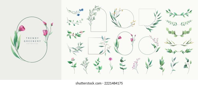 Set of floral watercolor logo elements. Wreath borders dividers, frame corners and minimalist flowers branch. Hand drawn line wedding herb, elegant leaves for invitation save the date card. Botanical 