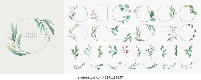 Set of floral watercolor logo elements. Wreath borders dividers, frame corners and minimalist flowers branch. Hand drawn line wedding herb, elegant leaves for invitation save the date card. Botanical 