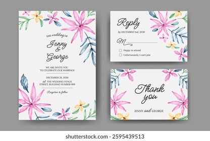 Set of floral watercolor wedding invitation, bright color theme