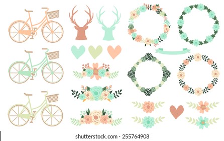 Set of floral wedding clipart. Frames, reindeers, hearts, flowers and bicycles clipart.
