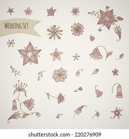 Set of floral wedding desing elemets. Hand drawing sketch. Vector illustration.