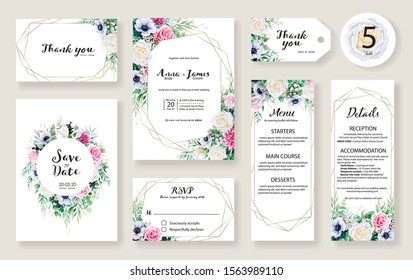 Set of floral wedding Invitation card, save the date, thank you, rsvp, template. Rose and Anemone flower with greenery.
