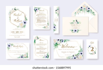 Set of floral wedding invitation card, invite, RSVP, Details, Thank you, Table number, Menu, envelope address template. White rose and Anemone flower.