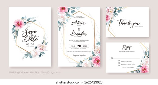 Set of floral wedding Invitation card, save the date, thank you, rsvp template. Vector. Pink peony flower and white rose with greenery, silver dollar, olive leaves, Wax flower.