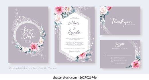 Set of floral wedding Invitation card, save the date, thank you, rsvp template. Vector. Pink peony flower and white rose with greenery, silver dollar, olive leaves, Wax flower.