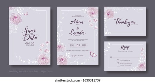 Set of floral wedding Invitation card, save the date, thank you, rsvp template. Vector. Rose flower and leaves, Wax flower.