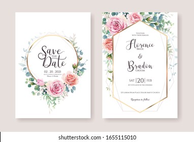 Set of floral wedding Invitation card and save the date template. Vector. Pink and orange rose flower with greenery, silver dollar, olive leaves, Wax flower.