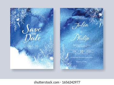 Set of floral wedding Invitation card, save the date template. Vector. blue watercolour background texture with white flower drawing line art.