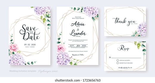 Set Of Floral Wedding Invitation Card, Save The Date, Thank You, Rsvp Template. Vector. Hydrangea Flower, Pink Rose With Greenery.