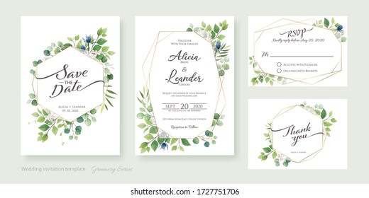 Set of floral wedding Invitation card, save the date, thank you, rsvp template. Vector. Greenery, leaves.