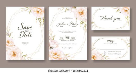 Set of floral wedding Invitation card, save the date, thank you, rsvp template. Vector. Romantic rose with greenery.