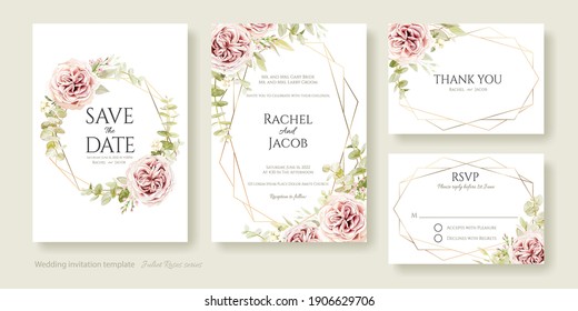 Set Of Floral Wedding Invitation Card, Save The Date, Thank You, Rsvp Template. Vector. Pink Rose With Greenery.