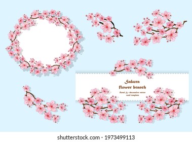 Set of Floral wedding invitation card template design and single cherry flowers elements. Pink sakura flowers on the various white shape and wreath in sky blue background. Elegant vintage style.EPS 10