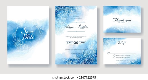 Set Of Floral Wedding Invitation Card, Save The Date Template. Vector. Blue Watercolour Background Texture With White Flower Drawing Line Art.