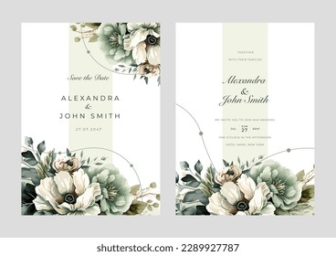 Set of floral wedding invitation card, save the date, thank you, rsvp template. Watercolor flower and leaves