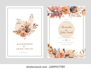 Set of floral wedding invitation card, save the date, thank you, rsvp template. Watercolor flower and leaves
