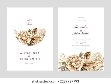 Set of floral wedding invitation card, save the date, thank you, rsvp template. Watercolor flower and leaves