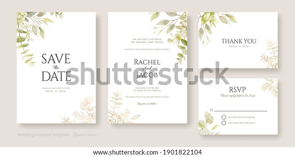 Set of floral\
wedding Invitation card, save the date, thank you, rsvp template.\
Watercolour and golden\
leaves.