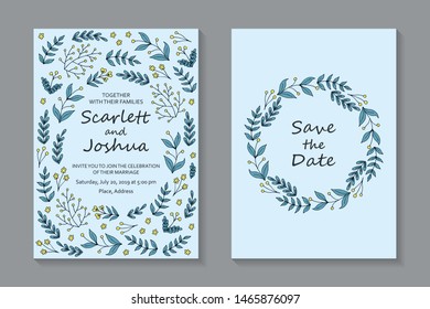 Set of floral wedding invitation design or greeting card templates with branches, leaves and yellow flowers on a blue background.