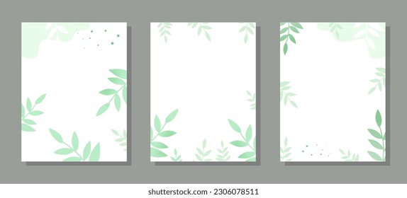 Set of floral wedding invitation design with green leaves on a white background