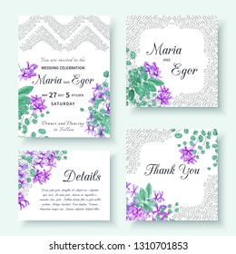 Set of floral wedding invitation with exotic flowers and tropical leaves and openwork lace.Vector illustration.