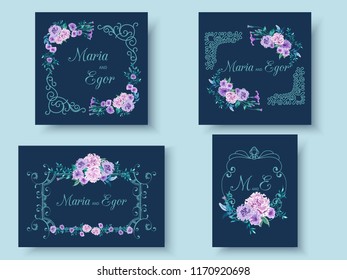 Set of floral wedding invitation with flowers blue and lilac roses and vintage frames on dark blue background.Vector illustration
