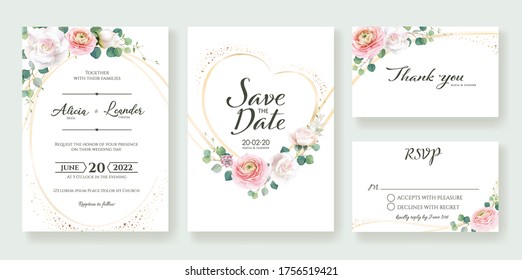 Set of floral Wedding Invitation, save the date, thank you, rsvp card Design template. Vector.