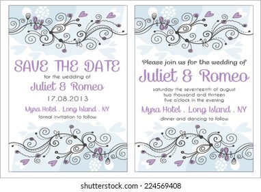 Set of floral wedding invitation template, purple and blue blossom, invitation and save the date card