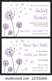 Set of floral wedding invitation template, purple dandelion flower, invitation and save the date card