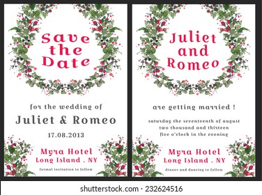 Set of floral wedding invitation template, red and green flower wreath, invitation and save the date card