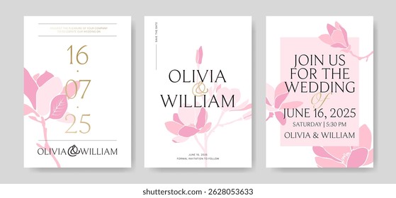 Set of floral wedding invitation templates with pink magnolia flowers. Wedding celebration and floral event concept