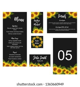 Set of floral wedding kit with sunflower illustration: menu card, favor tag, table number, details card, escort card. Marriage party stationary template with sun flowers and leaves decoration.