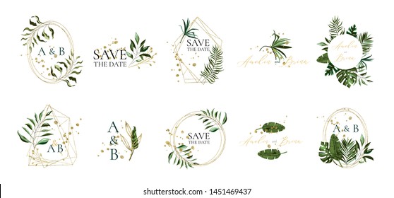 Set of floral wedding logos and monogram with elegant tropical exotic green leaves golden geometric triangular frame for invitation save the date card design. Botanical vector illustration